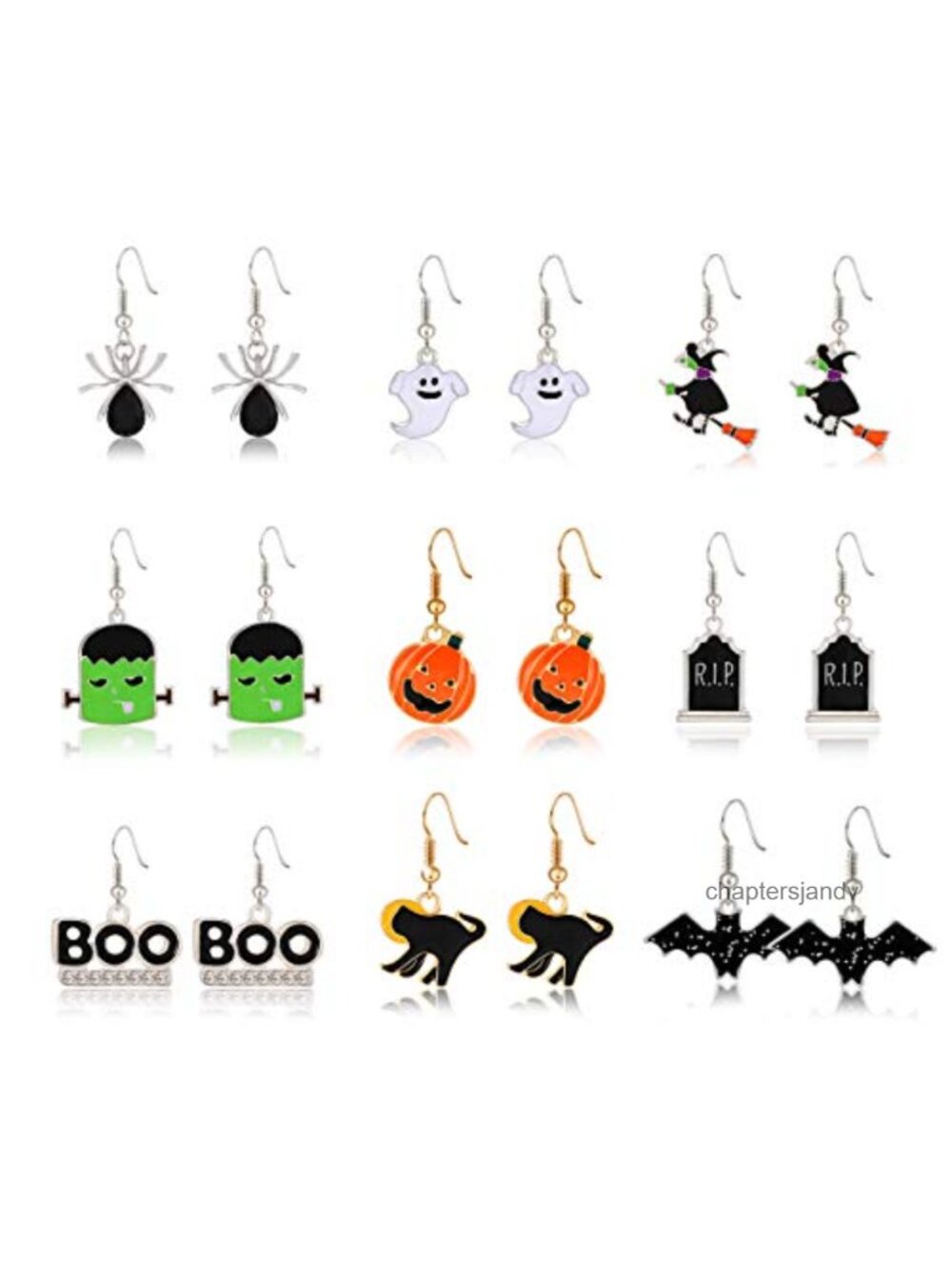 PHALIN Halloween Earrings 9 Pairs Pumpkin Spider Ghost Bat Drop Dangle Alloy